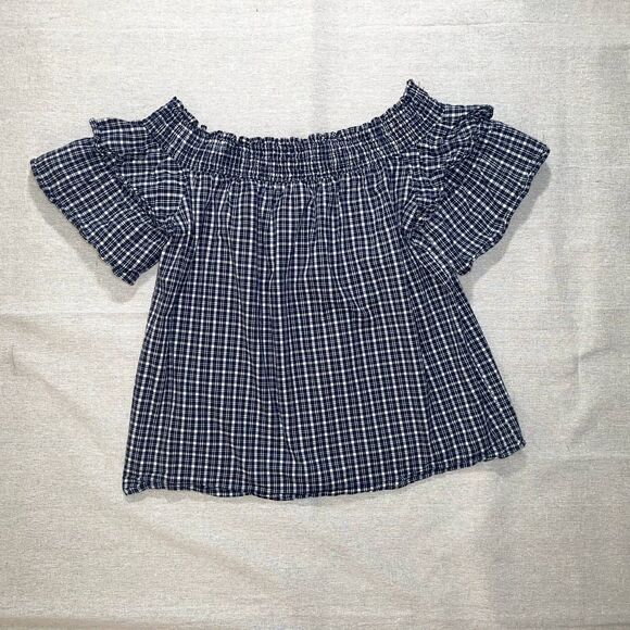 Caslon | Blue Plaid Off the Shoulder Ruffle Sleeve Top | Medium - Picture 3 of 7